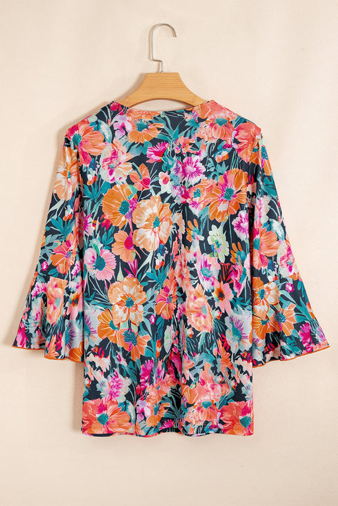 Floral Print Three Quarter Flare Sleeve Tie Neck Blouse