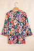 Floral Print Three Quarter Flare Sleeve Tie Neck Blouse
