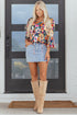 Floral Print Three Quarter Flare Sleeve Tie Neck Blouse