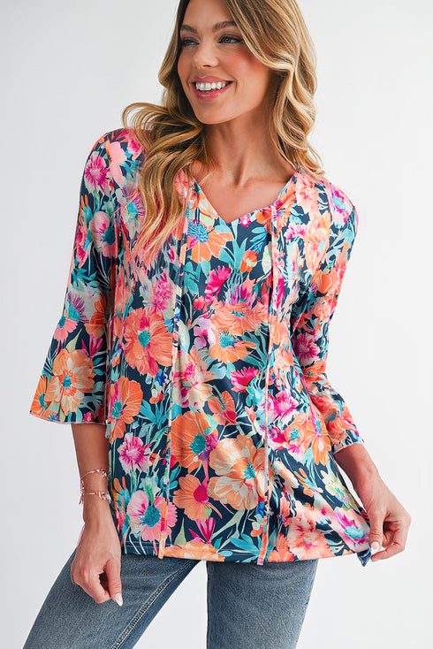 Floral Print Three Quarter Flare Sleeve Tie Neck Blouse