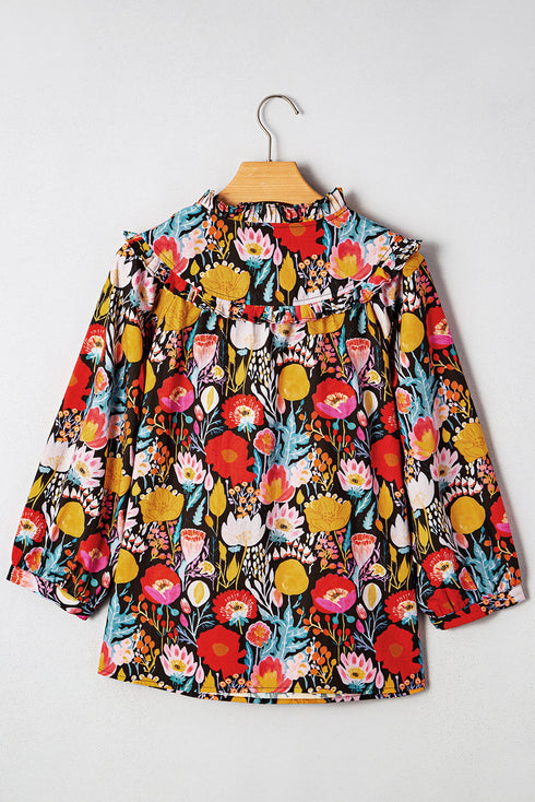Floral Print Three Quarter Puff Sleeve Tie Neck Blouse
