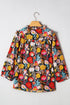 Floral Print Three Quarter Puff Sleeve Tie Neck Blouse