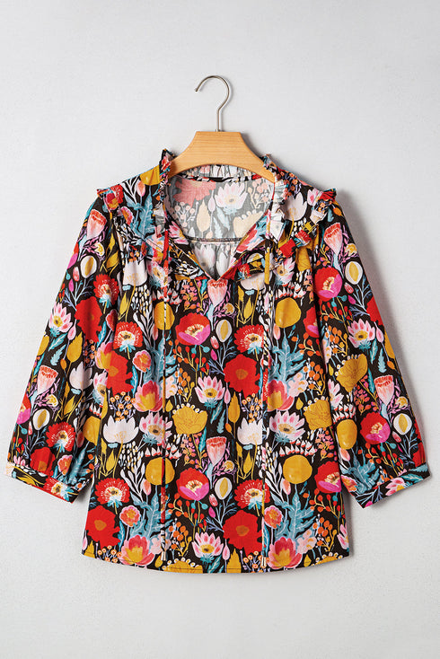 Floral Print Three Quarter Puff Sleeve Tie Neck Blouse