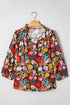 Floral Print Three Quarter Puff Sleeve Tie Neck Blouse