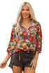 Floral Print Three Quarter Puff Sleeve Tie Neck Blouse
