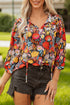 Floral Print Three Quarter Puff Sleeve Tie Neck Blouse