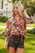 Floral Print Three Quarter Puff Sleeve Tie Neck Blouse