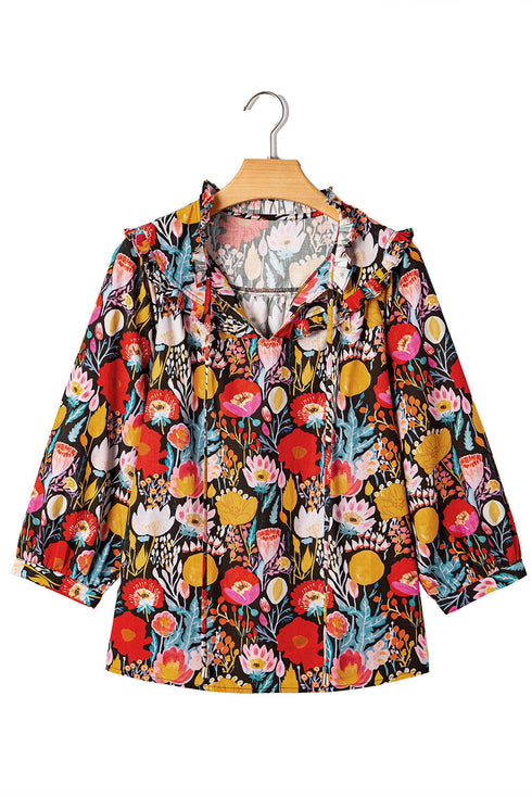 Floral Print Three Quarter Puff Sleeve Tie Neck Blouse