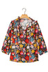Floral Print Three Quarter Puff Sleeve Tie Neck Blouse