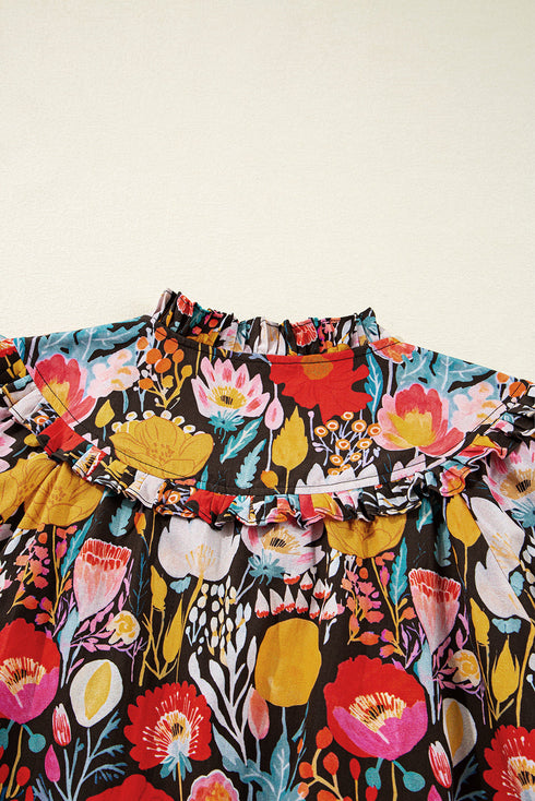 Floral Print Three Quarter Puff Sleeve Tie Neck Blouse