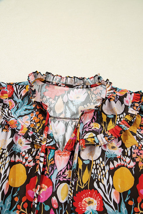 Floral Print Three Quarter Puff Sleeve Tie Neck Blouse