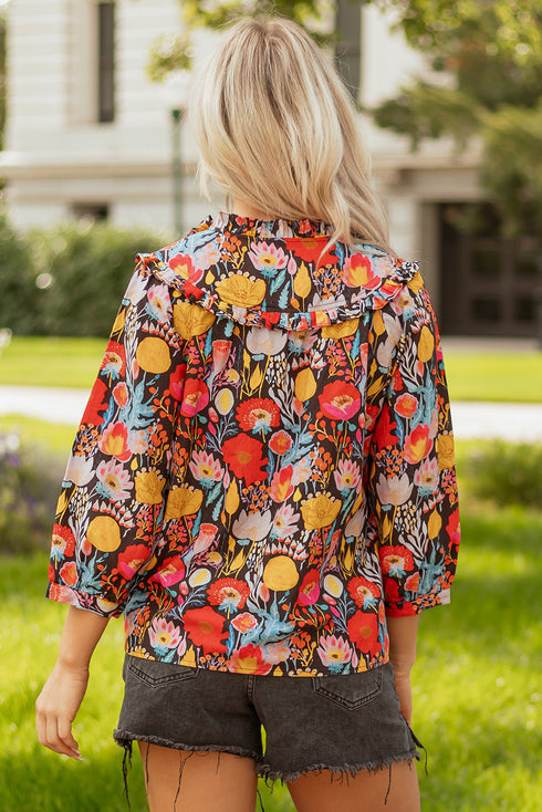 Floral Print Three Quarter Puff Sleeve Tie Neck Blouse