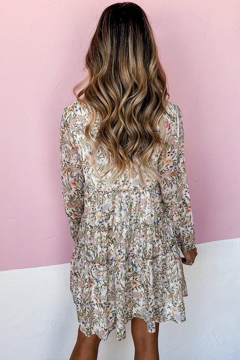 Floral Print Tie Frilled Shir Mock Neck Mini Dress