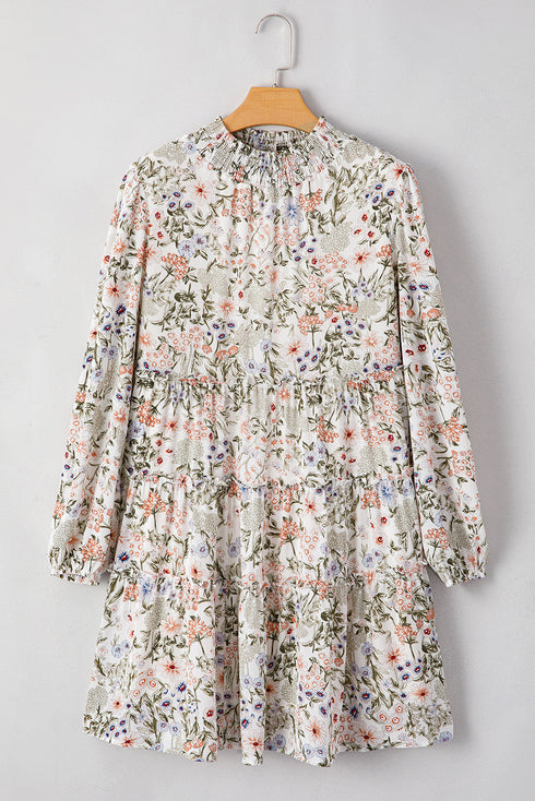 Floral Print Tie Frilled Shir Mock Neck Mini Dress
