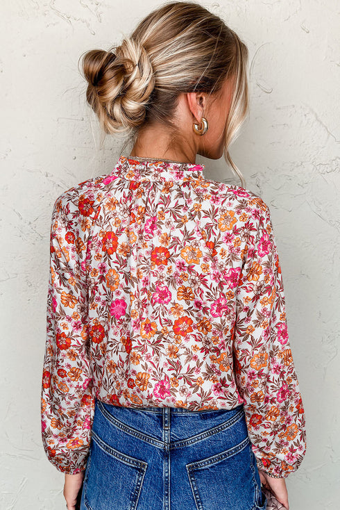 Floral Print Tie Neck Bracelet Sleeve Woven Blouse