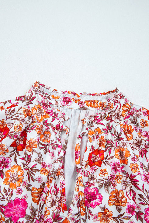 Floral Print Tie Neck Bracelet Sleeve Woven Blouse