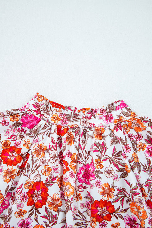 Floral Print Tie Neck Bracelet Sleeve Woven Blouse