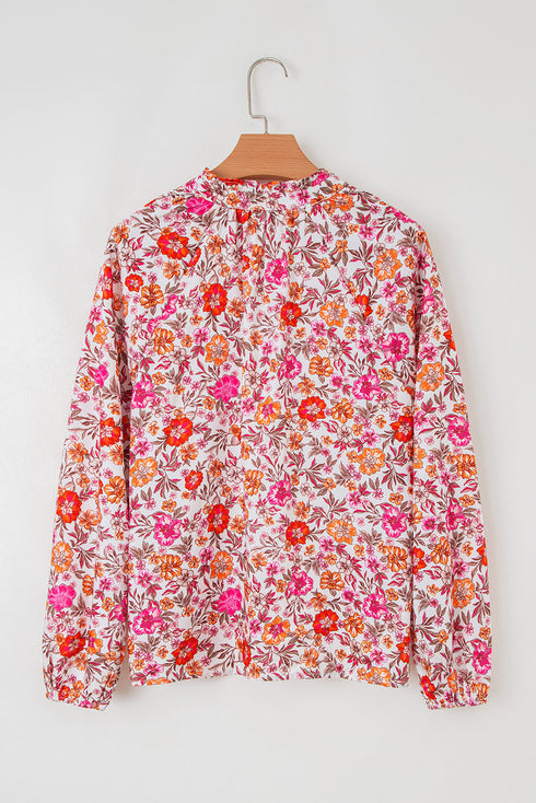 Floral Print Tie Neck Bracelet Sleeve Woven Blouse