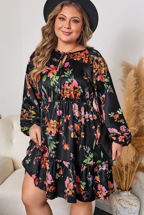 Floral Print Tie Neck Cinched Waist Long Sleeve Mini Dress