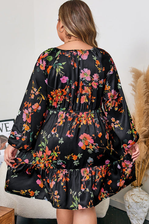 Floral Print Tie Neck Cinched Waist Long Sleeve Mini Dress