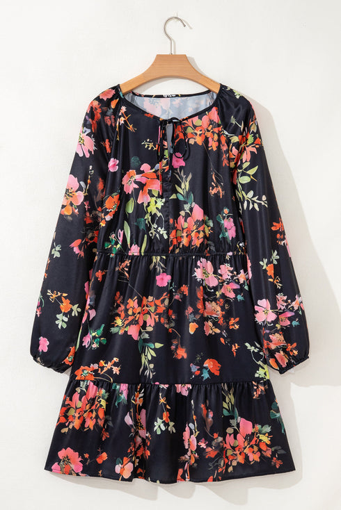 Floral Print Tie Neck Cinched Waist Long Sleeve Mini Dress
