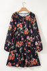 Floral Print Tie Neck Cinched Waist Long Sleeve Mini Dress