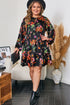 Floral Print Tie Neck Cinched Waist Long Sleeve Mini Dress
