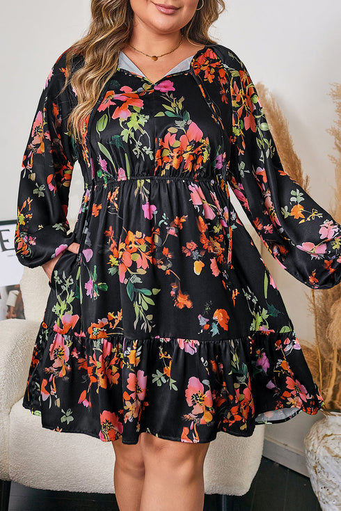 Floral Print Tie Neck Cinched Waist Long Sleeve Mini Dress