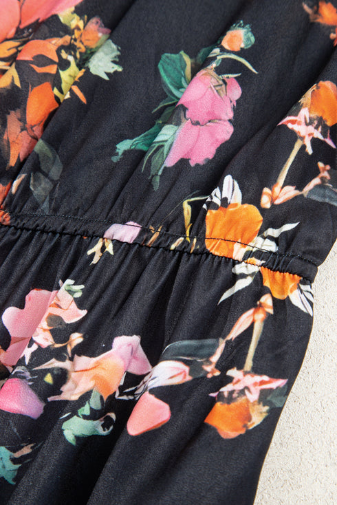 Floral Print Tie Neck Cinched Waist Long Sleeve Mini Dress