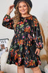Floral Print Tie Neck Cinched Waist Long Sleeve Mini Dress