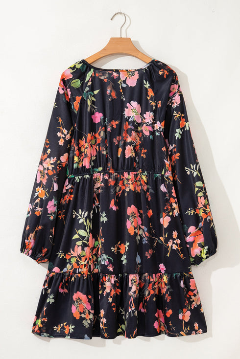 Floral Print Tie Neck Cinched Waist Long Sleeve Mini Dress