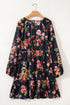 Floral Print Tie Neck Cinched Waist Long Sleeve Mini Dress