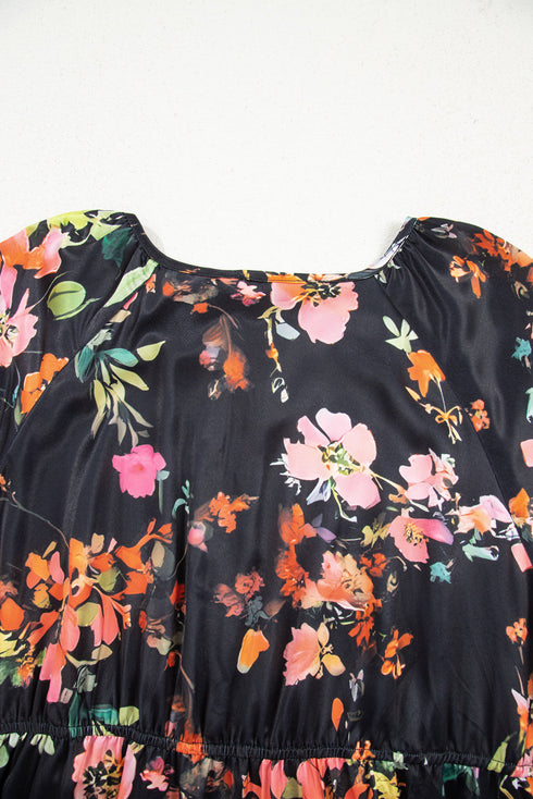 Floral Print Tie Neck Cinched Waist Long Sleeve Mini Dress