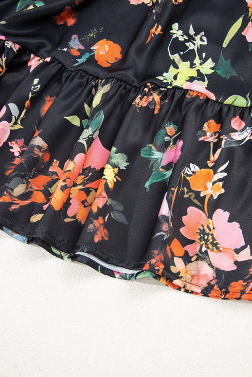Floral Print Tie Neck Cinched Waist Long Sleeve Mini Dress