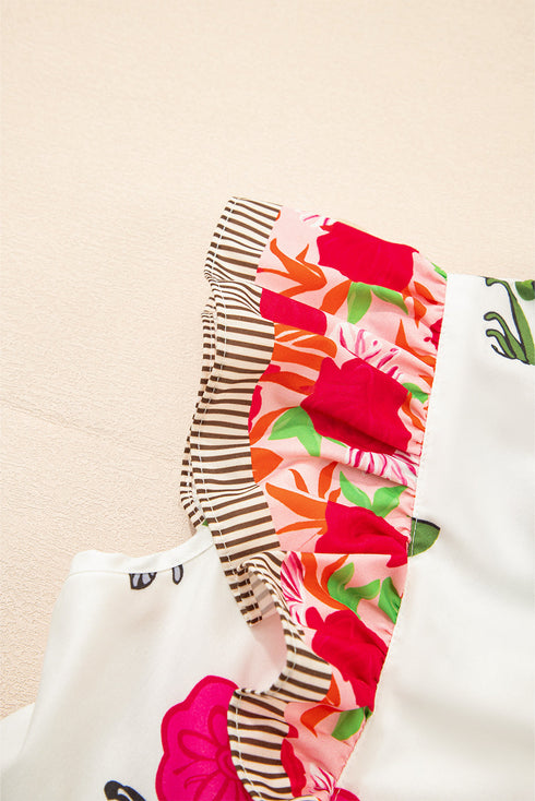 Floral Print Tie Neck Flutter Sleeve Contrast Trim Blouse