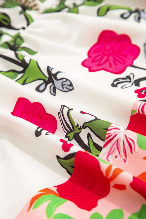 Floral Print Tie Neck Flutter Sleeve Contrast Trim Blouse