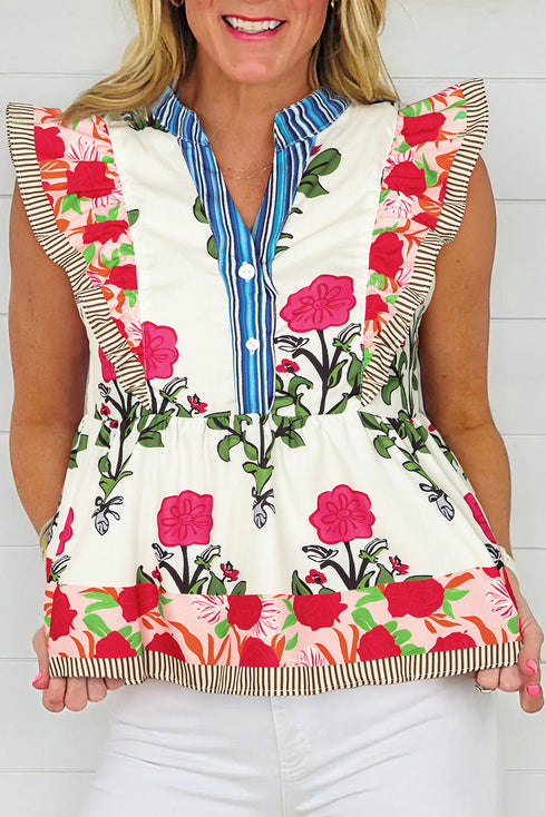 Floral Print Tie Neck Flutter Sleeve Contrast Trim Blouse