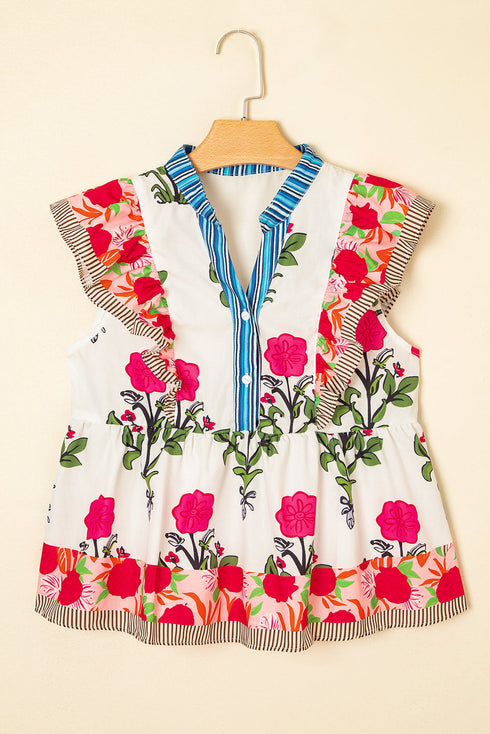 Floral Print Tie Neck Flutter Sleeve Contrast Trim Blouse