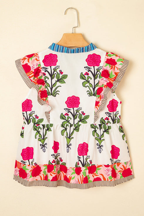 Floral Print Tie Neck Flutter Sleeve Contrast Trim Blouse