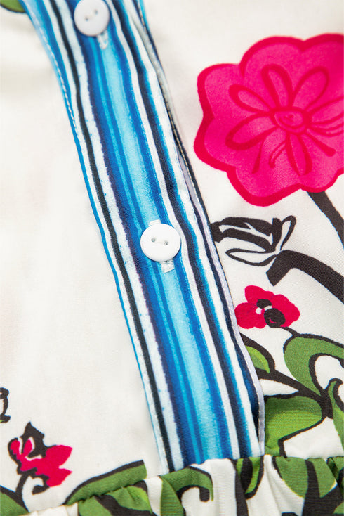 Floral Print Tie Neck Flutter Sleeve Contrast Trim Blouse