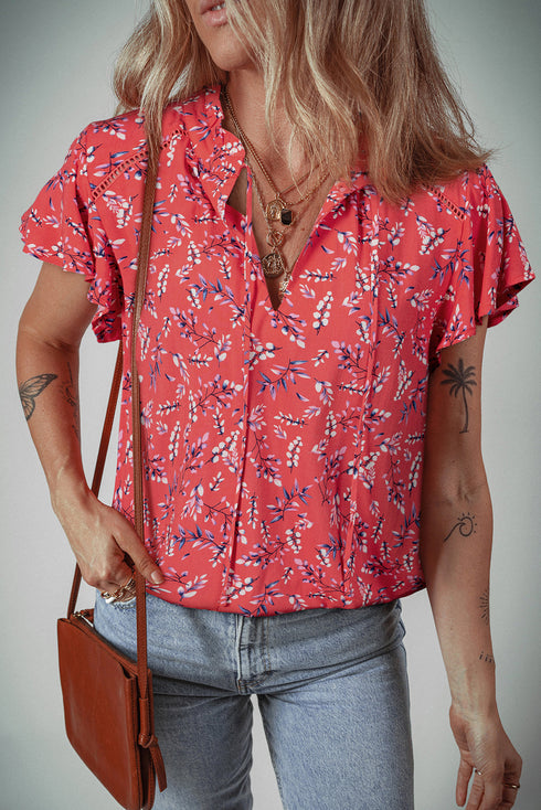Floral Print Tie Neck Flutter Sleeve Crinkled Woven Blouse