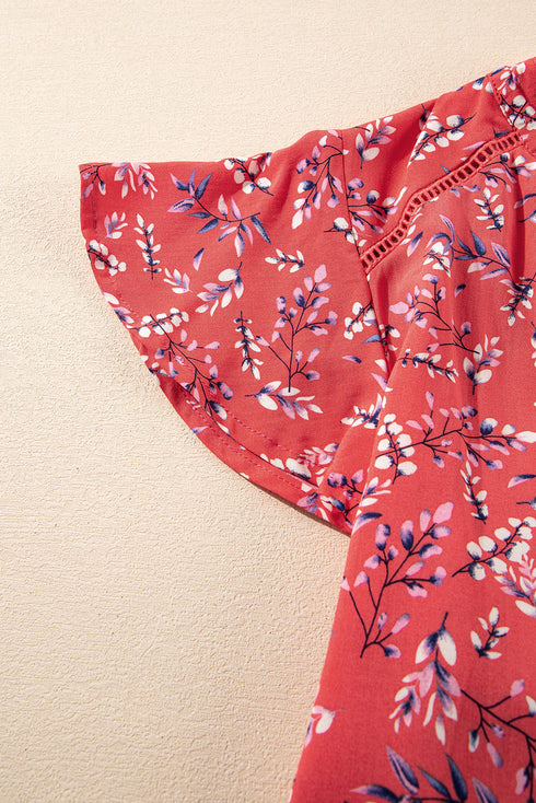 Floral Print Tie Neck Flutter Sleeve Crinkled Woven Blouse