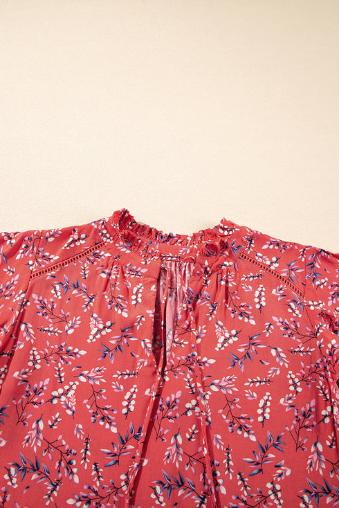 Floral Print Tie Neck Flutter Sleeve Crinkled Woven Blouse