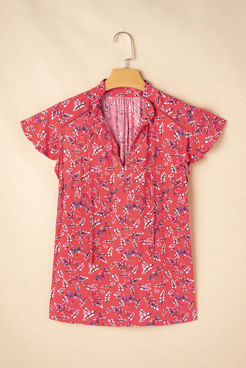 Floral Print Tie Neck Flutter Sleeve Crinkled Woven Blouse
