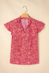 Floral Print Tie Neck Flutter Sleeve Crinkled Woven Blouse