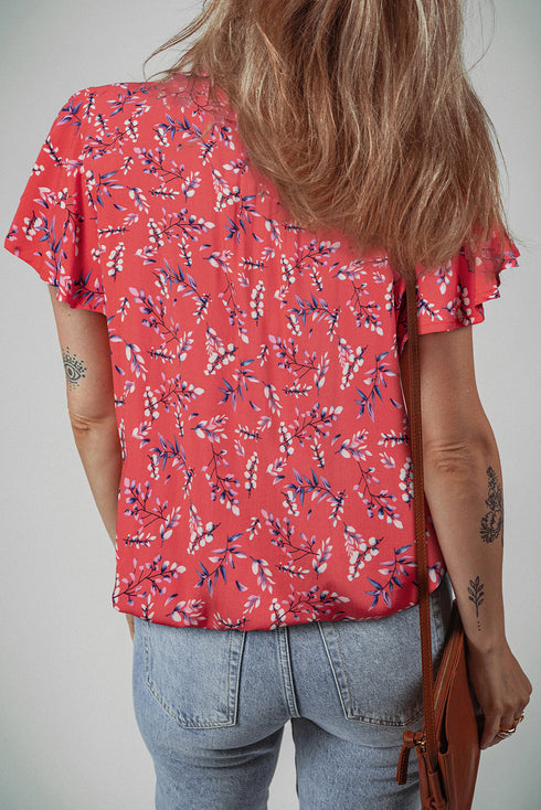 Floral Print Tie Neck Flutter Sleeve Crinkled Woven Blouse