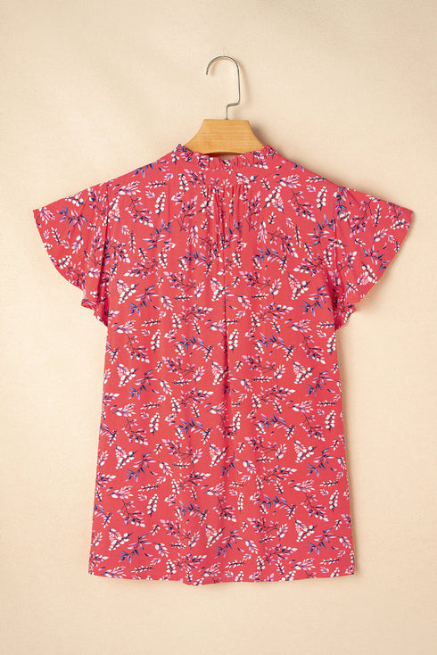 Floral Print Tie Neck Flutter Sleeve Crinkled Woven Blouse