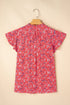 Floral Print Tie Neck Flutter Sleeve Crinkled Woven Blouse