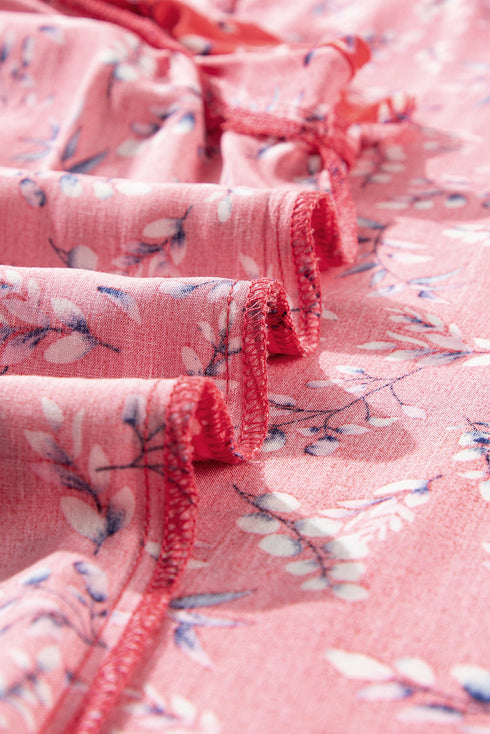 Floral Print Tie Neck Flutter Sleeve Crinkled Woven Blouse