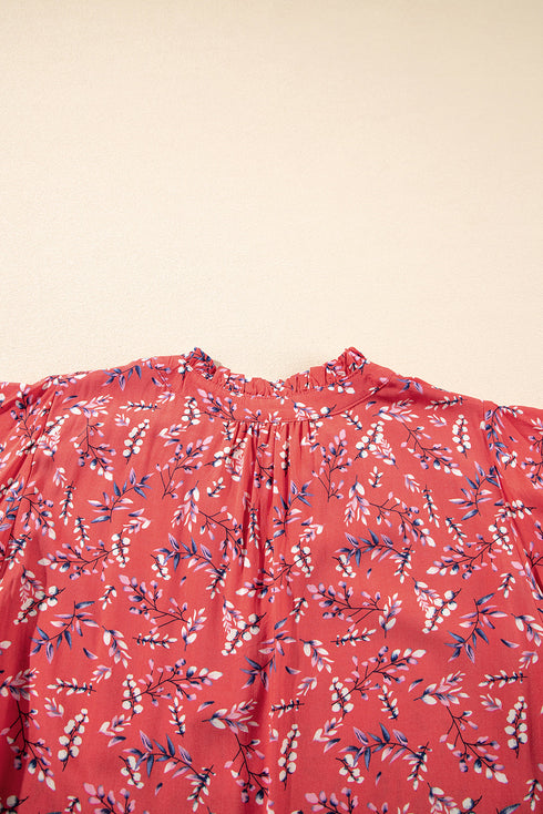 Floral Print Tie Neck Flutter Sleeve Crinkled Woven Blouse